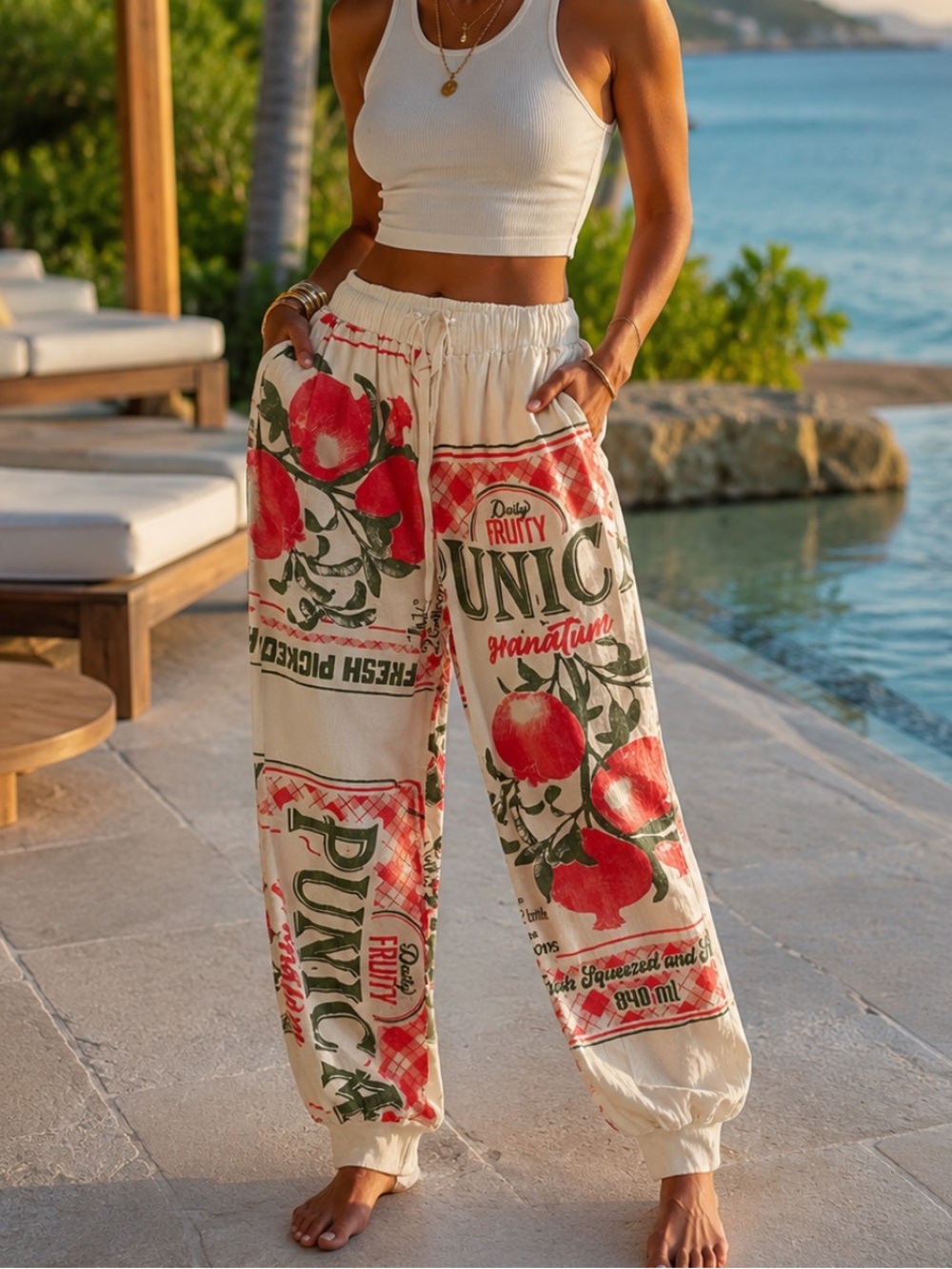 Cream Joggers with Red Pomegranate Print. 100% cotton . St Croix
